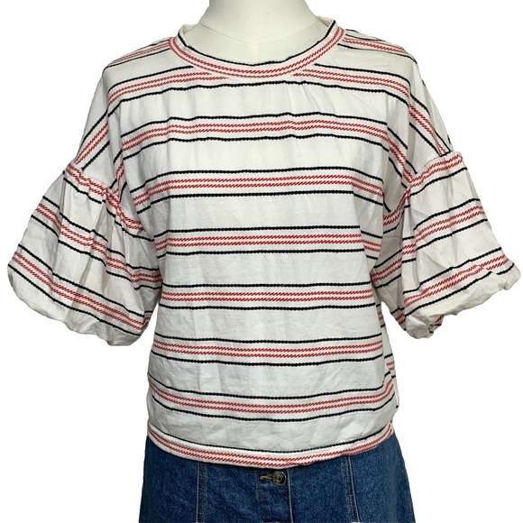 Code Mode Tops - Code Mode Top Womens OS White Red Black Striped Puff Tiered Sleeve Crew Neck